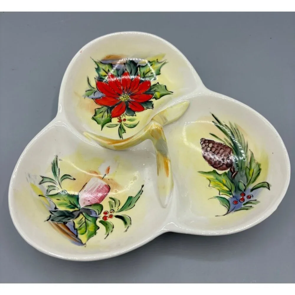 Vtg Ucagco Japan‎ Tri-Section Holiday Ceramic Serving Trinket Dish Holly